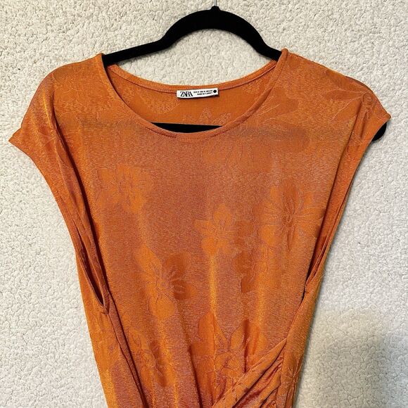 Zara Orange Floral Cap Sleeve Tie‎ Waist Stretch Midi Dress Sz M - Picture 5 of 16
